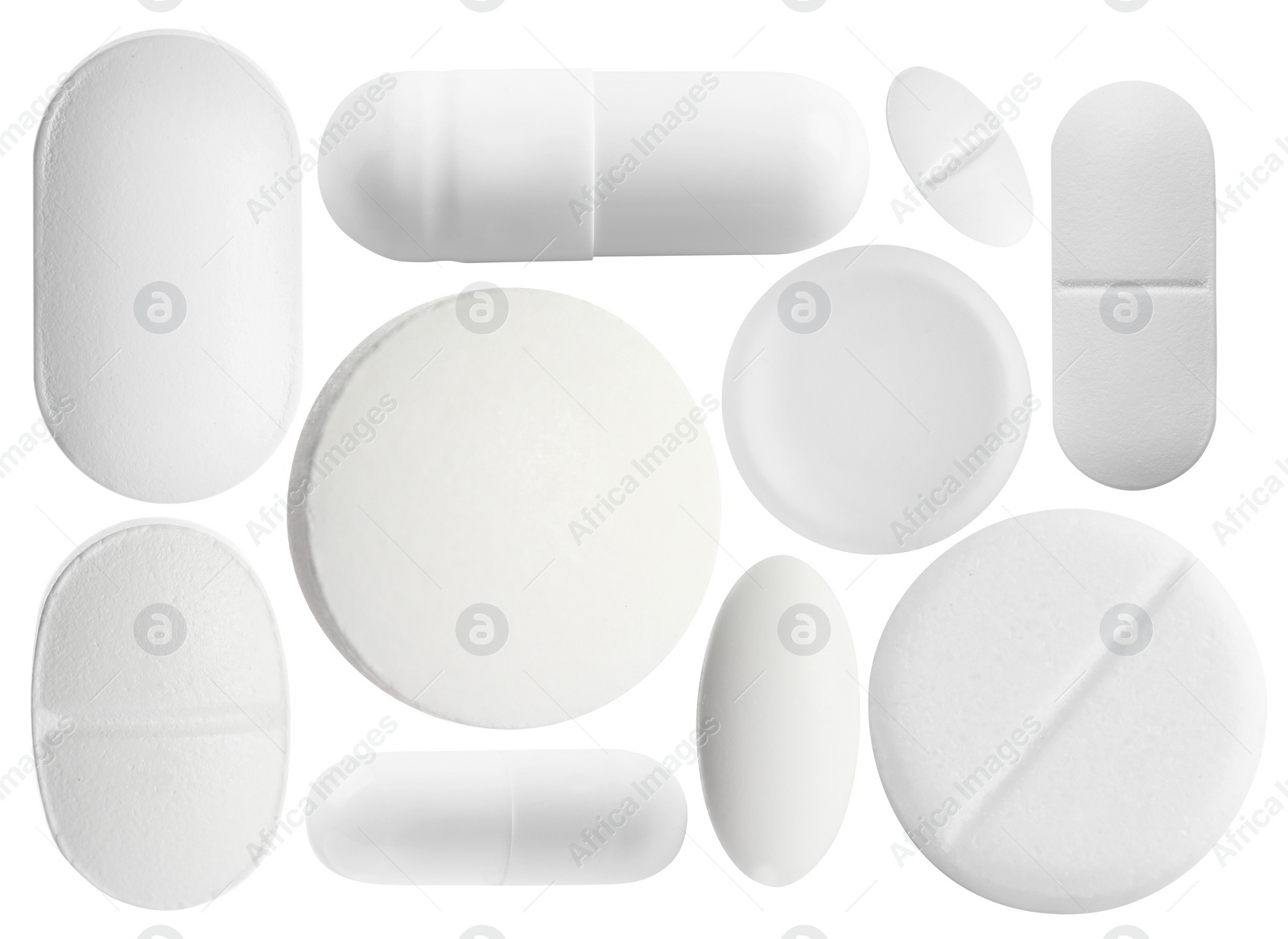 Image of Set of different pills isolated on white