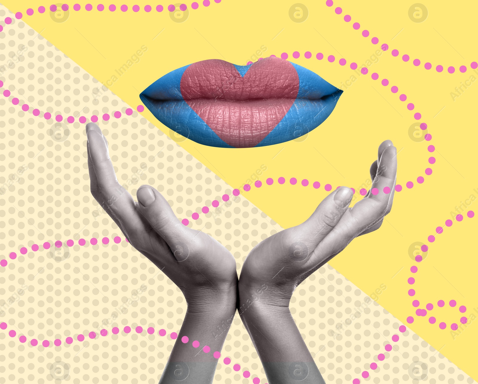 Image of Stylish art collage. Beautiful lip with painted heart above woman's hands on color background