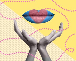 Image of Stylish art collage. Beautiful lip with painted heart above woman's hands on color background