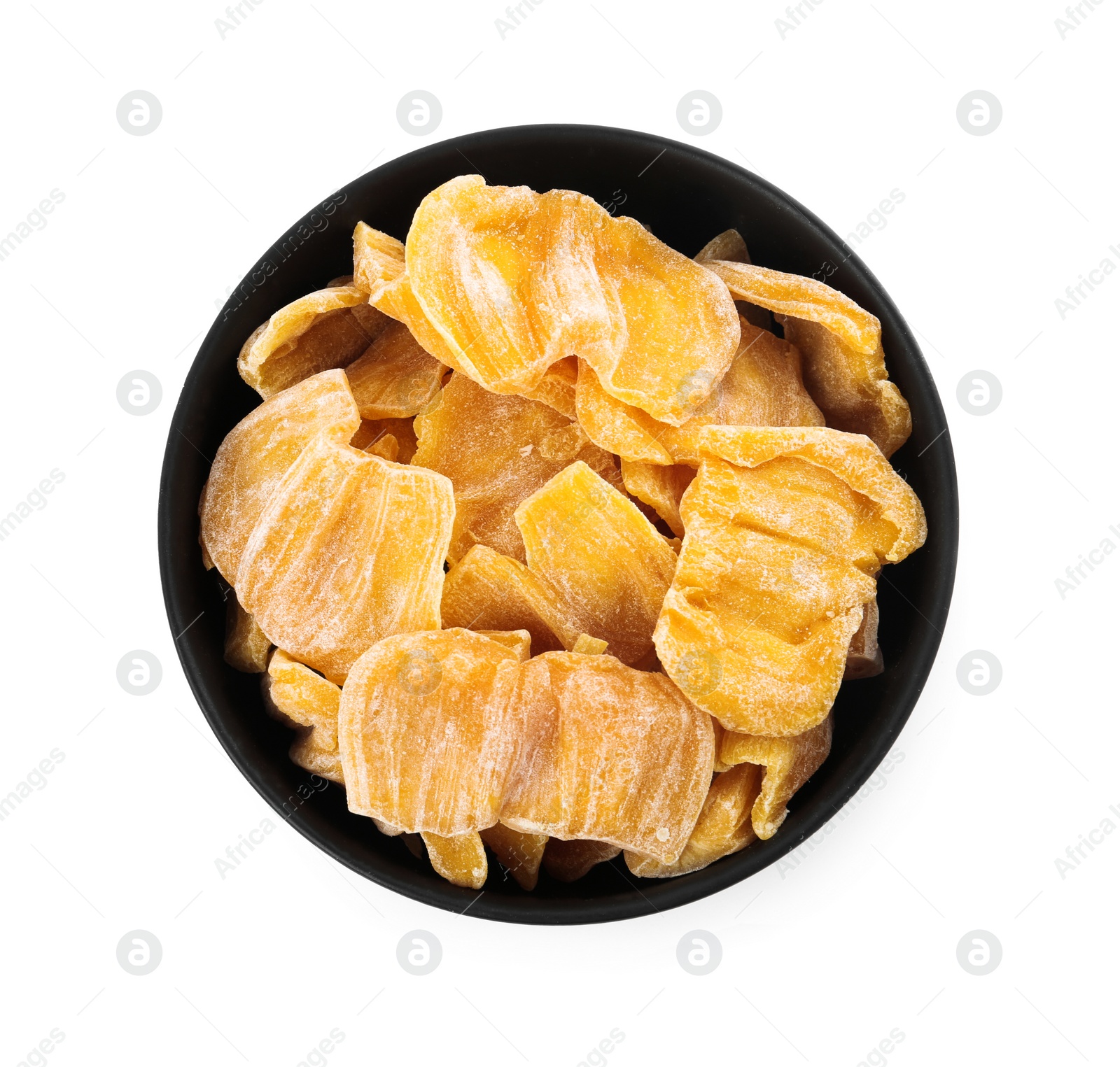 Photo of Sweet dried jackfruit slices in bowl on white background, top view