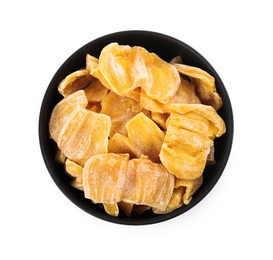 Photo of Sweet dried jackfruit slices in bowl on white background, top view