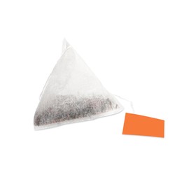 Photo of New pyramid tea bag isolated on white