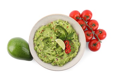Photo of Delicious guacamole and ingredients isolated on white, top view