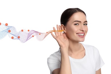 Image of Happy beautiful woman and sound waves illustration on white background. Hearing concept