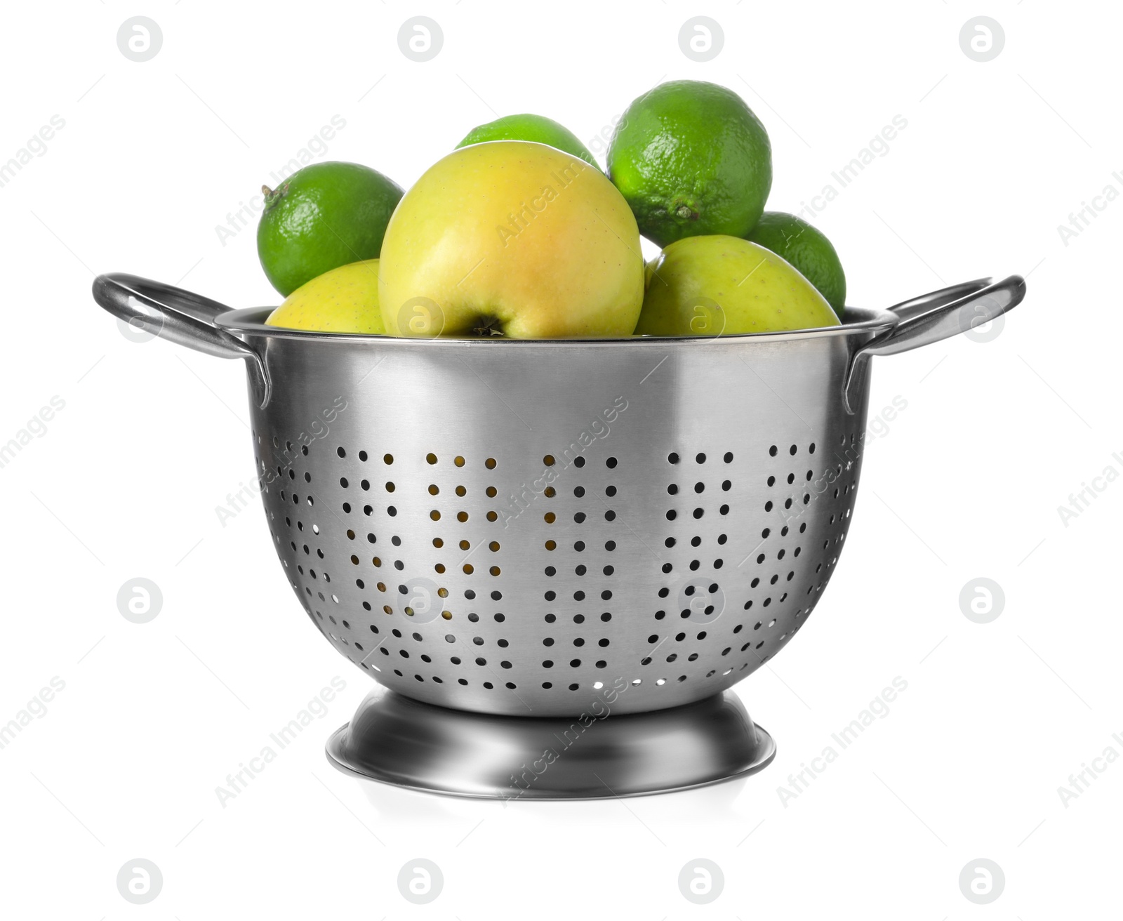 Photo of Colander with fresh fruits isolated on white