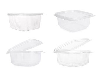 Set with empty plastic containers for food on white background