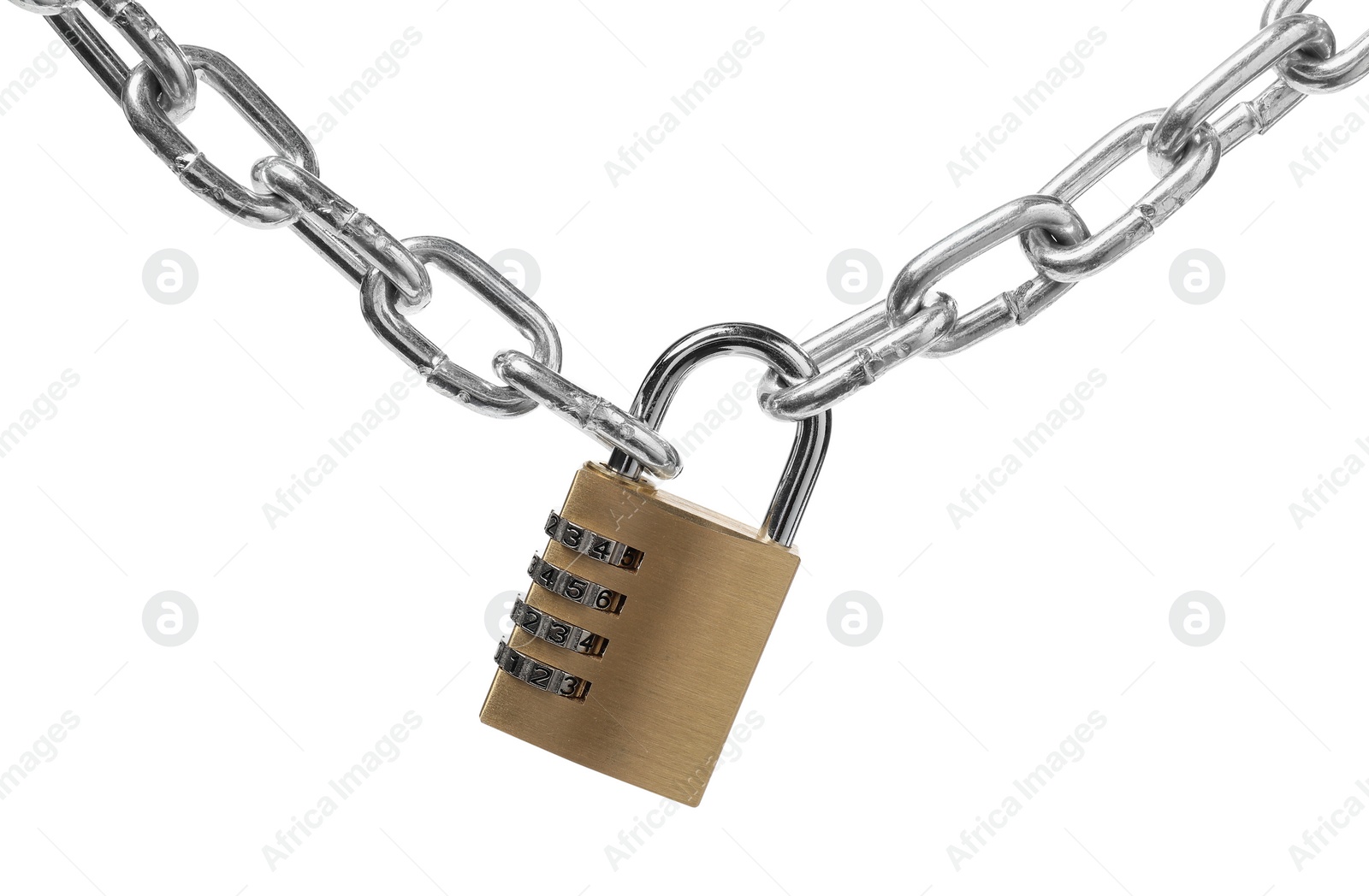 Photo of Steel combination padlock and chain isolated on white