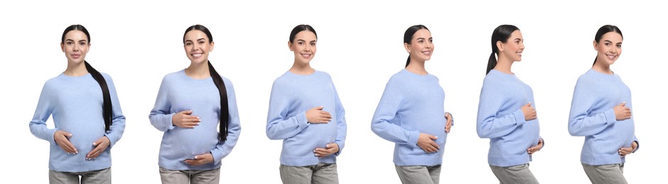 Pregnant woman on white background, collection of photos