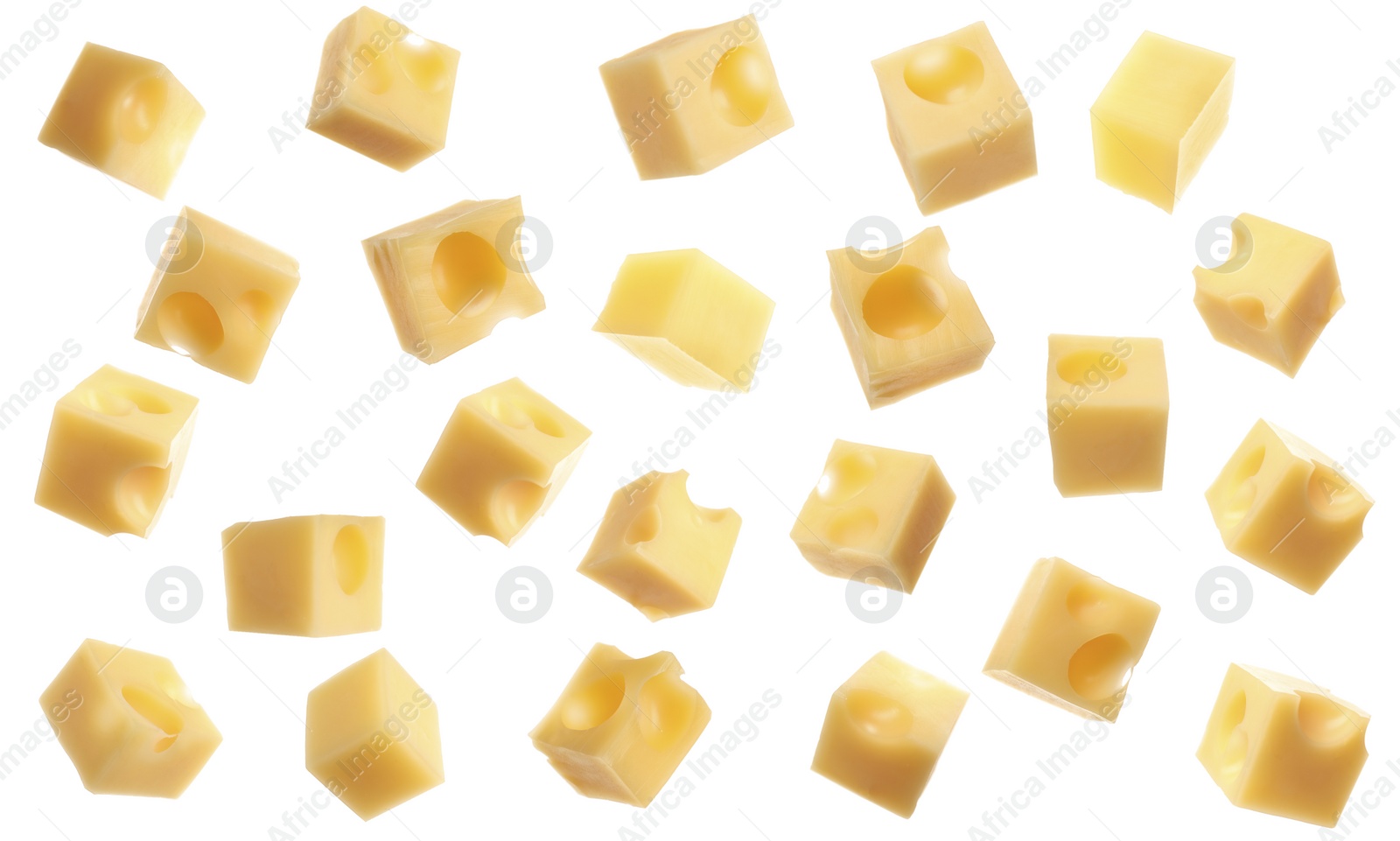 Image of Collage with cubes of cheese falling on white background