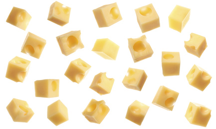 Collage with cubes of cheese falling on white background