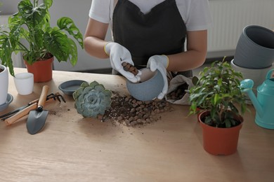 Photo of Woman filling flowerpot with drainage at table indoors, closeup. Transplanting houseplant