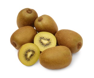 Photo of Whole and cut ripe yellow kiwis on white background