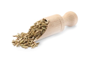 Photo of Scoop with dry fennel seeds isolated on white