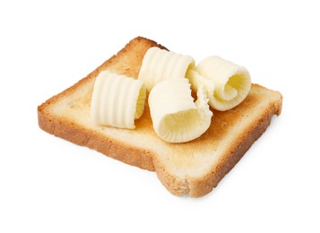 Photo of Tasty butter curls and toast isolated on white