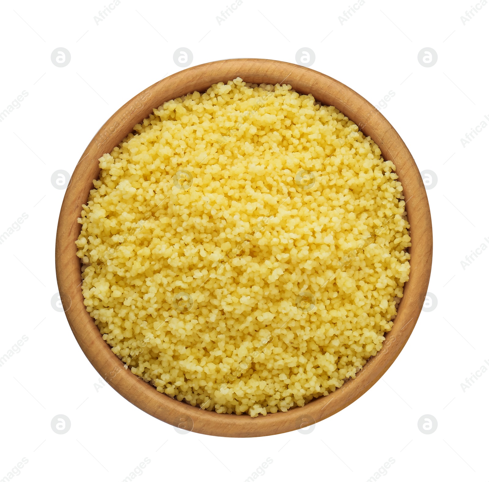 Photo of Bowl of tasty couscous on white background, top view