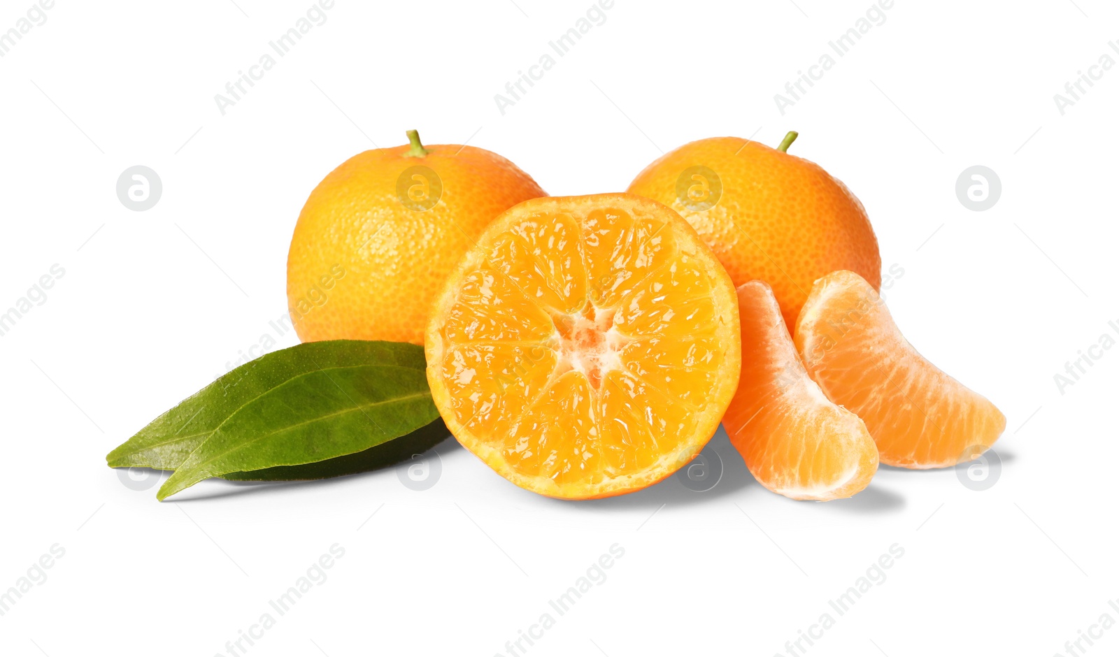 Photo of Fresh ripe juicy tangerines with green leaves isolated on white