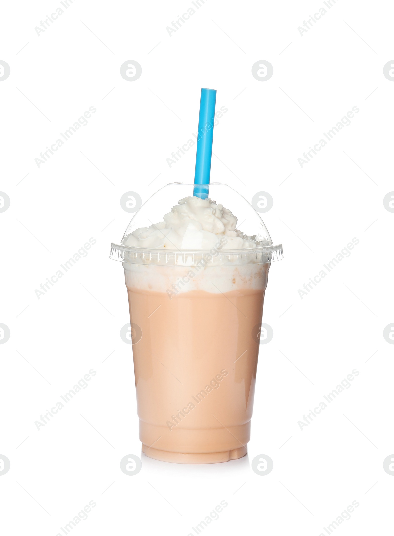 Photo of Plastic cup with tasty milk shake on white background