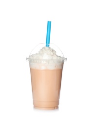 Plastic cup with tasty milk shake on white background