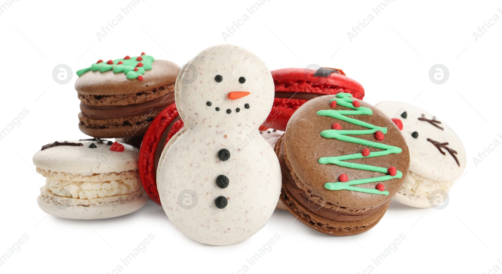 Photo of Beautifully decorated Christmas macarons on white background