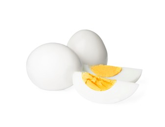 Photo of Fresh peeled hard boiled eggs on white background