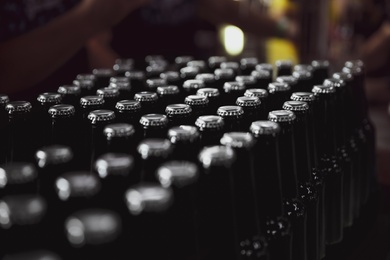 Many bottles of beer in bar, closeup