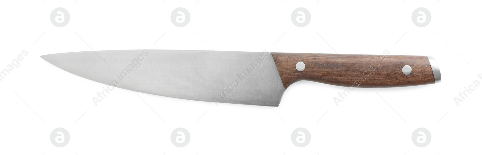 Photo of One sharp knife with wooden handle isolated on white, top view