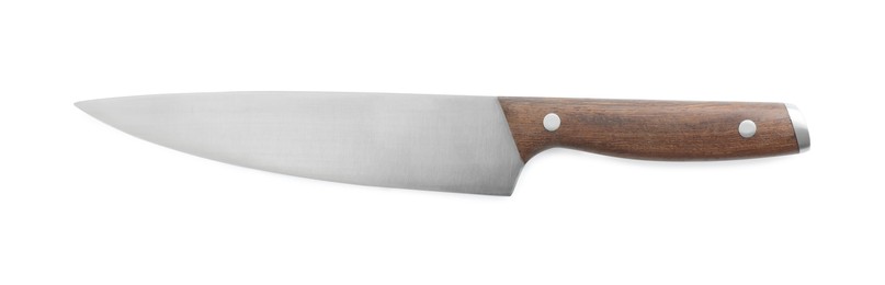 Photo of One sharp knife with wooden handle isolated on white, top view