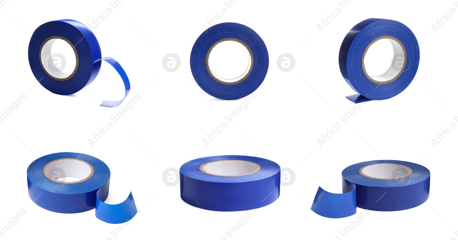 Image of Collage with blue insulating tape on white background, different angles