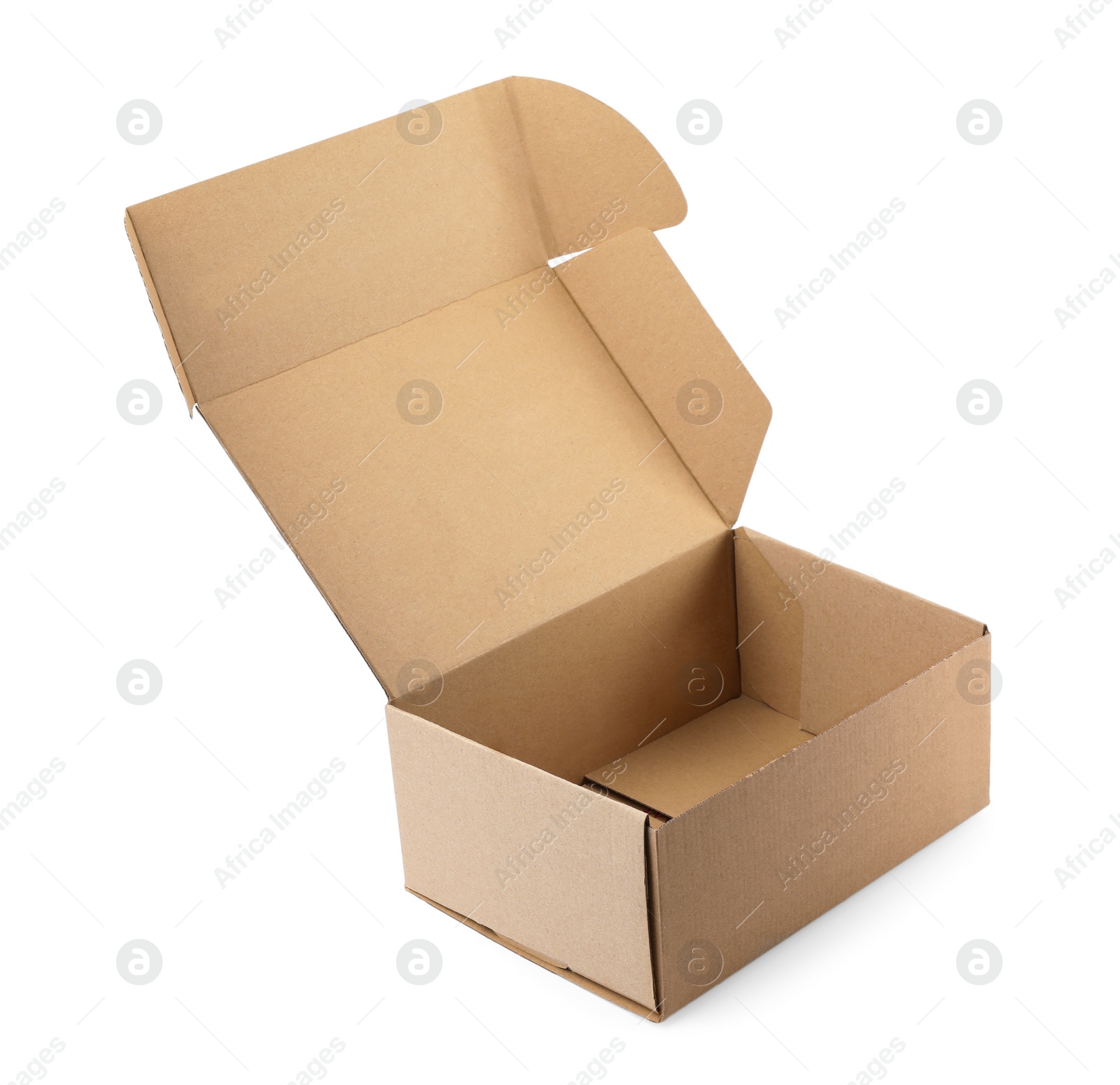 Photo of Open cardboard box on white background. Mockup for design