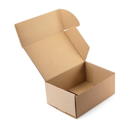 Photo of Open cardboard box on white background. Mockup for design