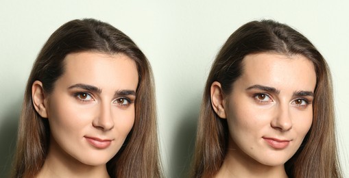 Image of Photo before and after retouch, collage. Portrait of beautiful young woman on light background, banner design
