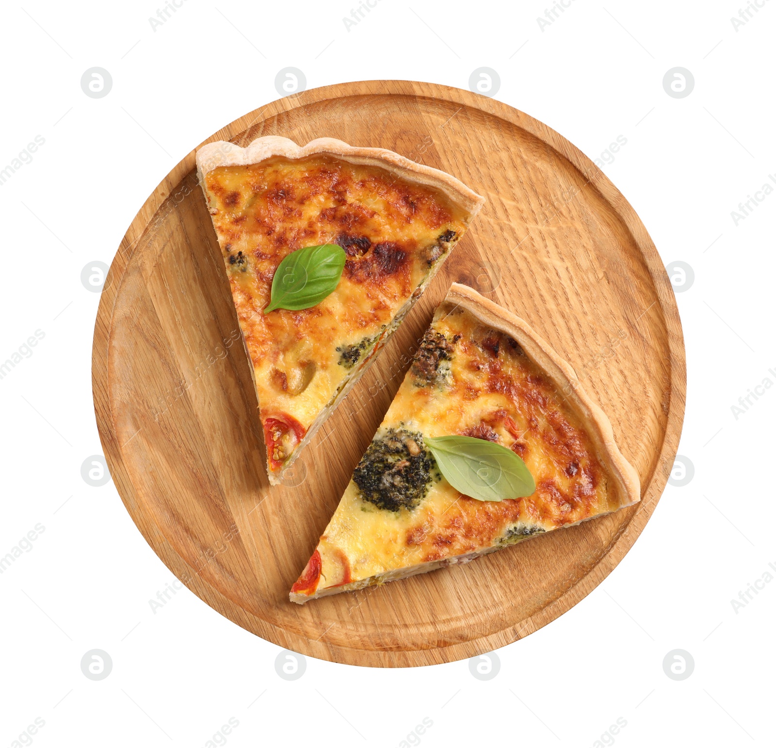 Photo of Pieces of delicious homemade vegetable quiche isolated on white, top view