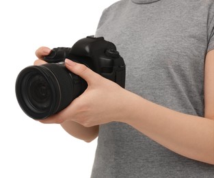 Photographer with camera on white background, closeup