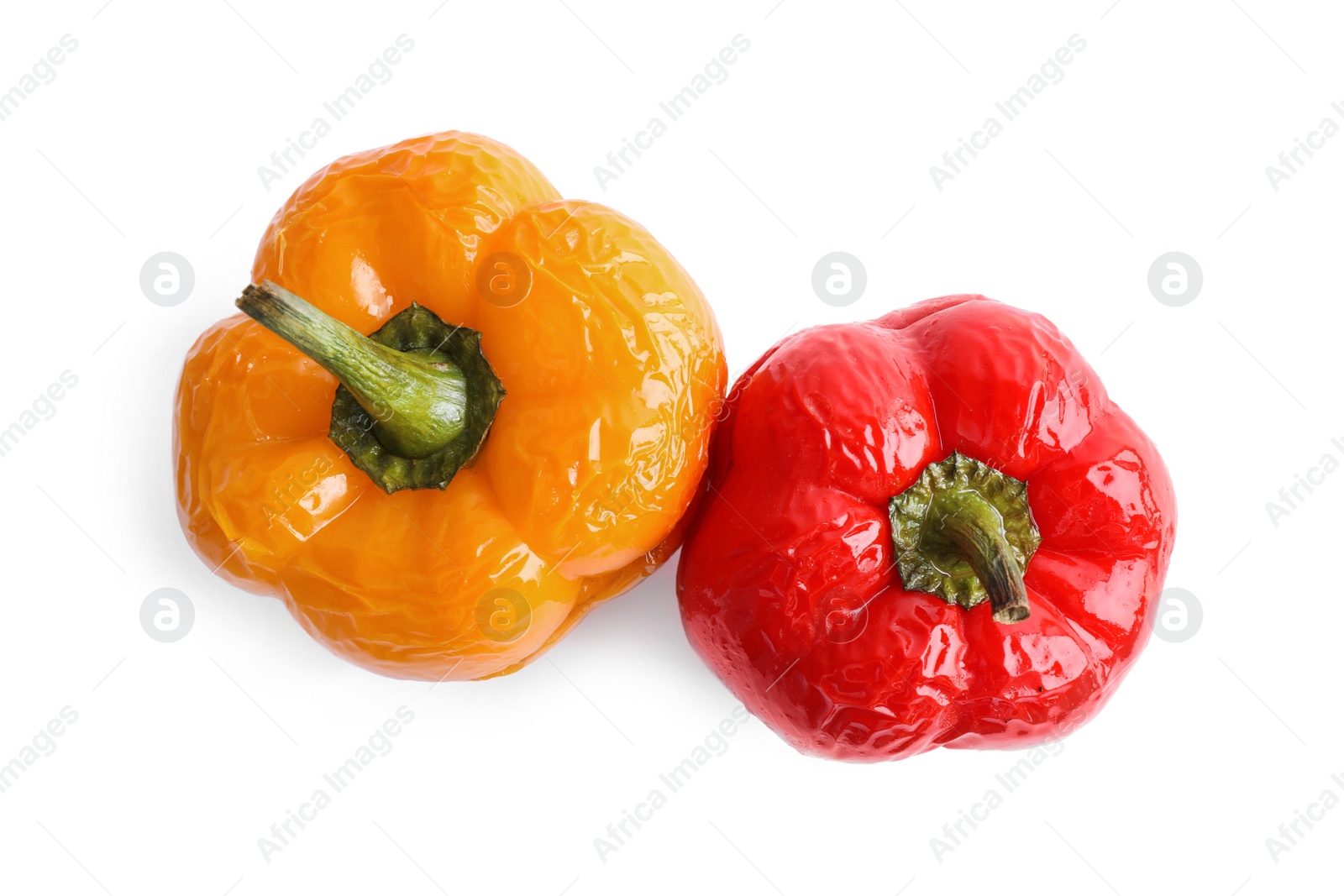 Photo of Tasty stuffed bell peppers isolated on white, top view