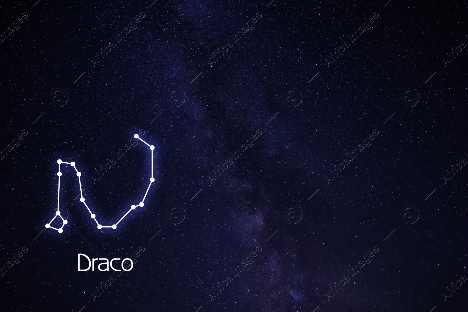 Image of Draco (Dragon) constellation. Stick figure pattern in starry night sky