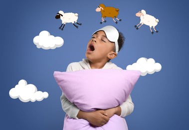 Image of Insomnia. Tired boy with pillow yawning on blue background. Illustrations of sheep and clouds