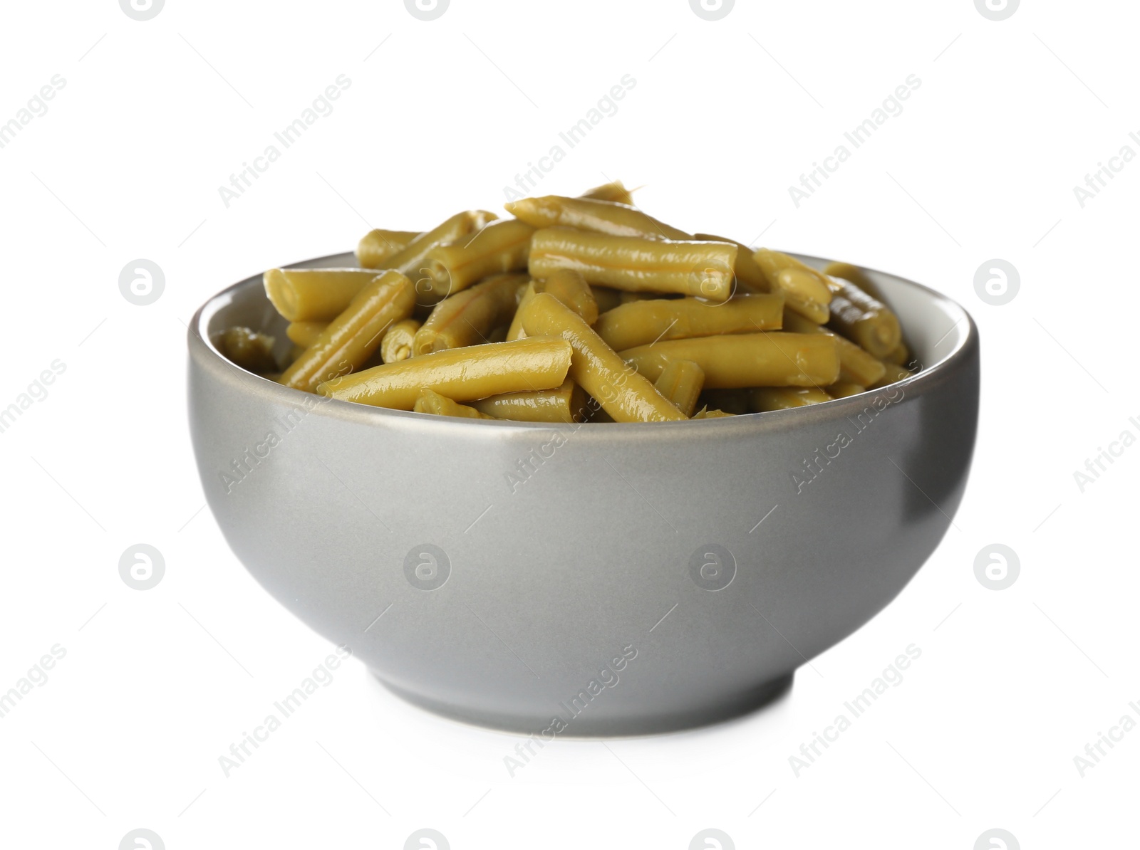 Photo of Canned green beans in bowl isolated on white