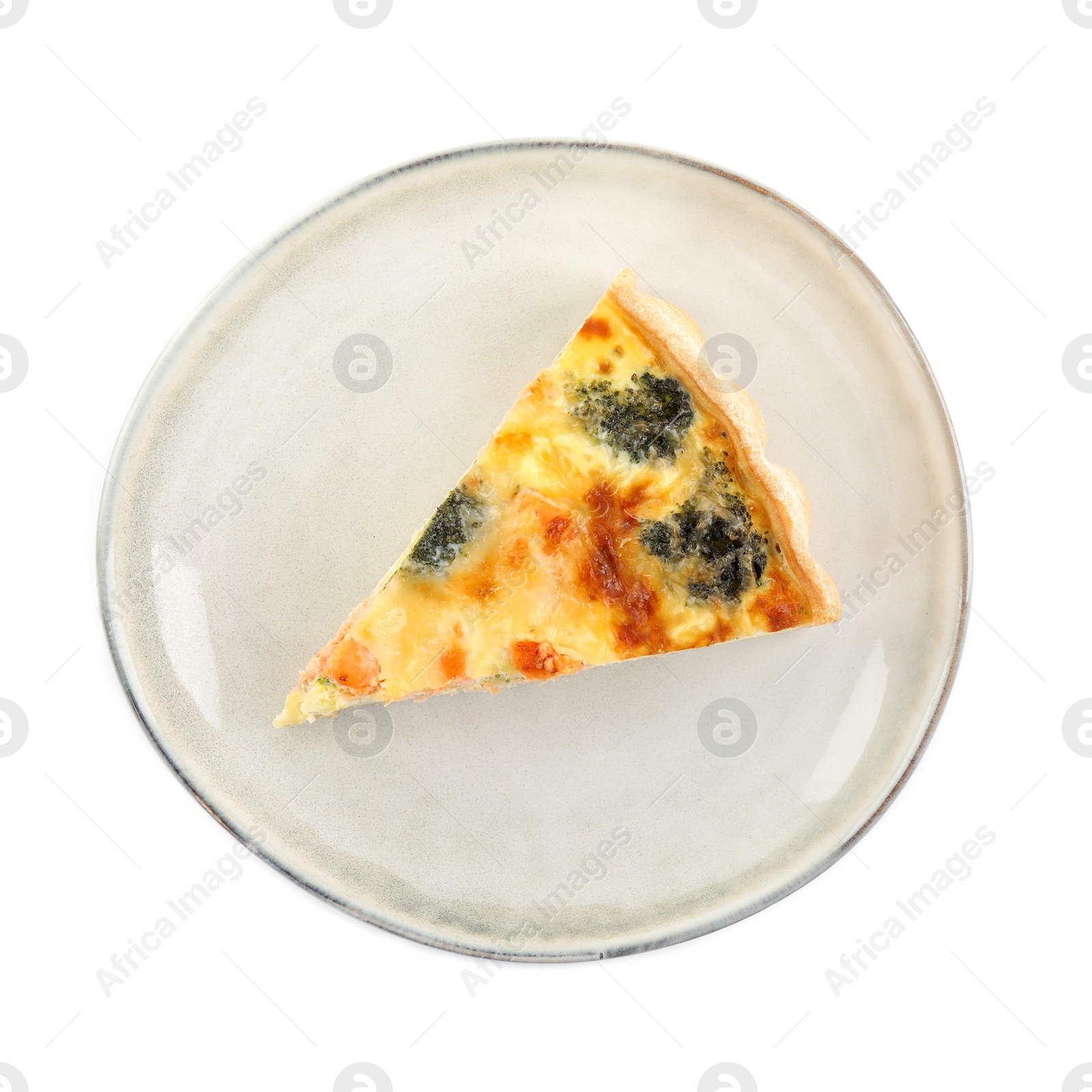 Photo of Piece of delicious homemade quiche with salmon and broccoli isolated on white, top view