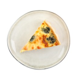 Piece of delicious homemade quiche with salmon and broccoli isolated on white, top view