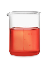 Photo of Beaker with red liquid isolated on white