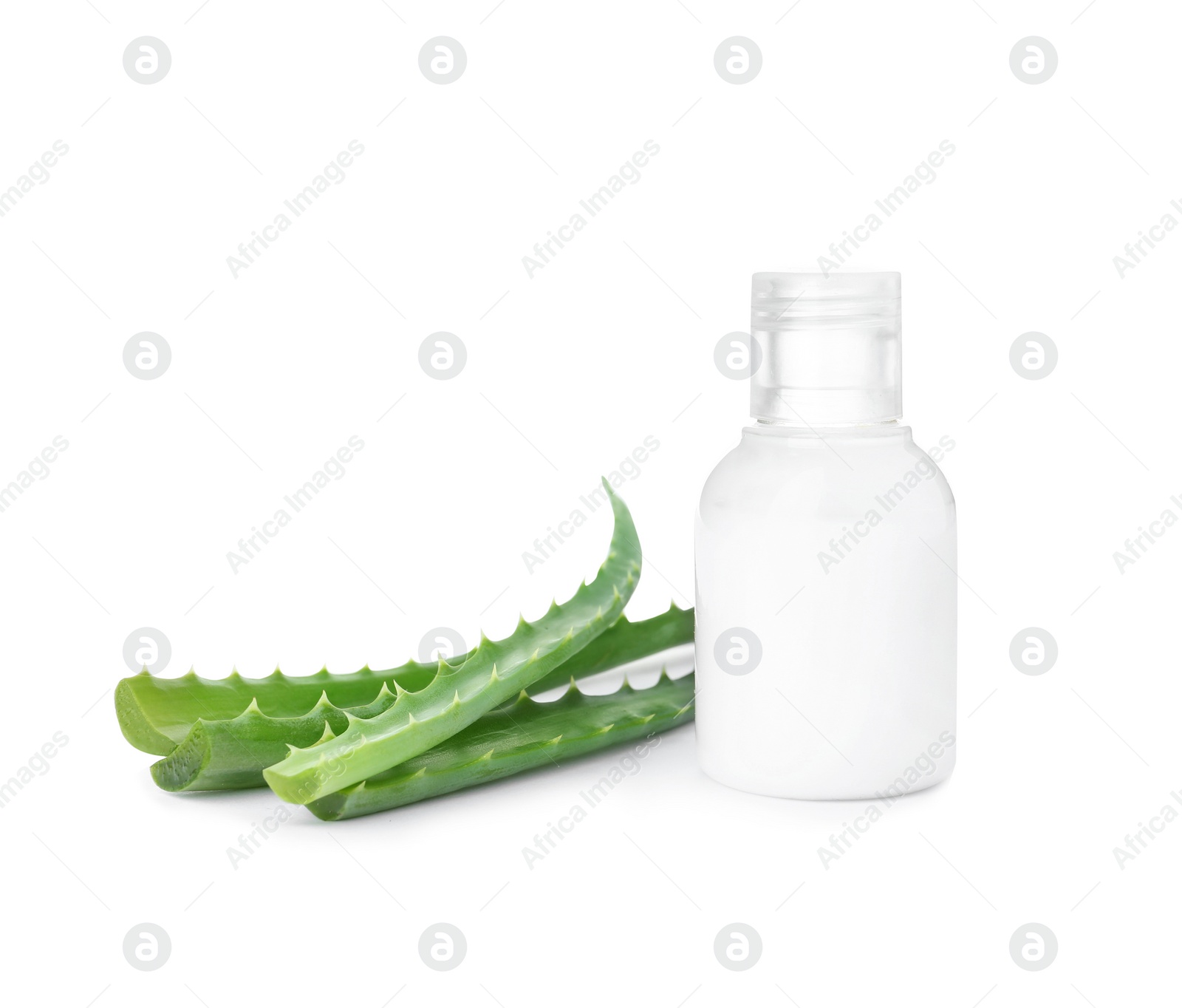 Photo of Bottle with aloe vera extract and fresh leaves on white background