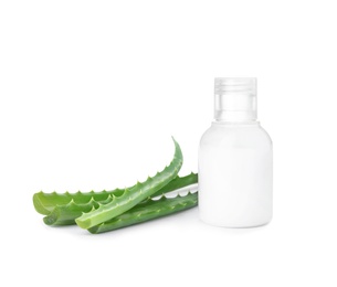 Photo of Bottle with aloe vera extract and fresh leaves on white background