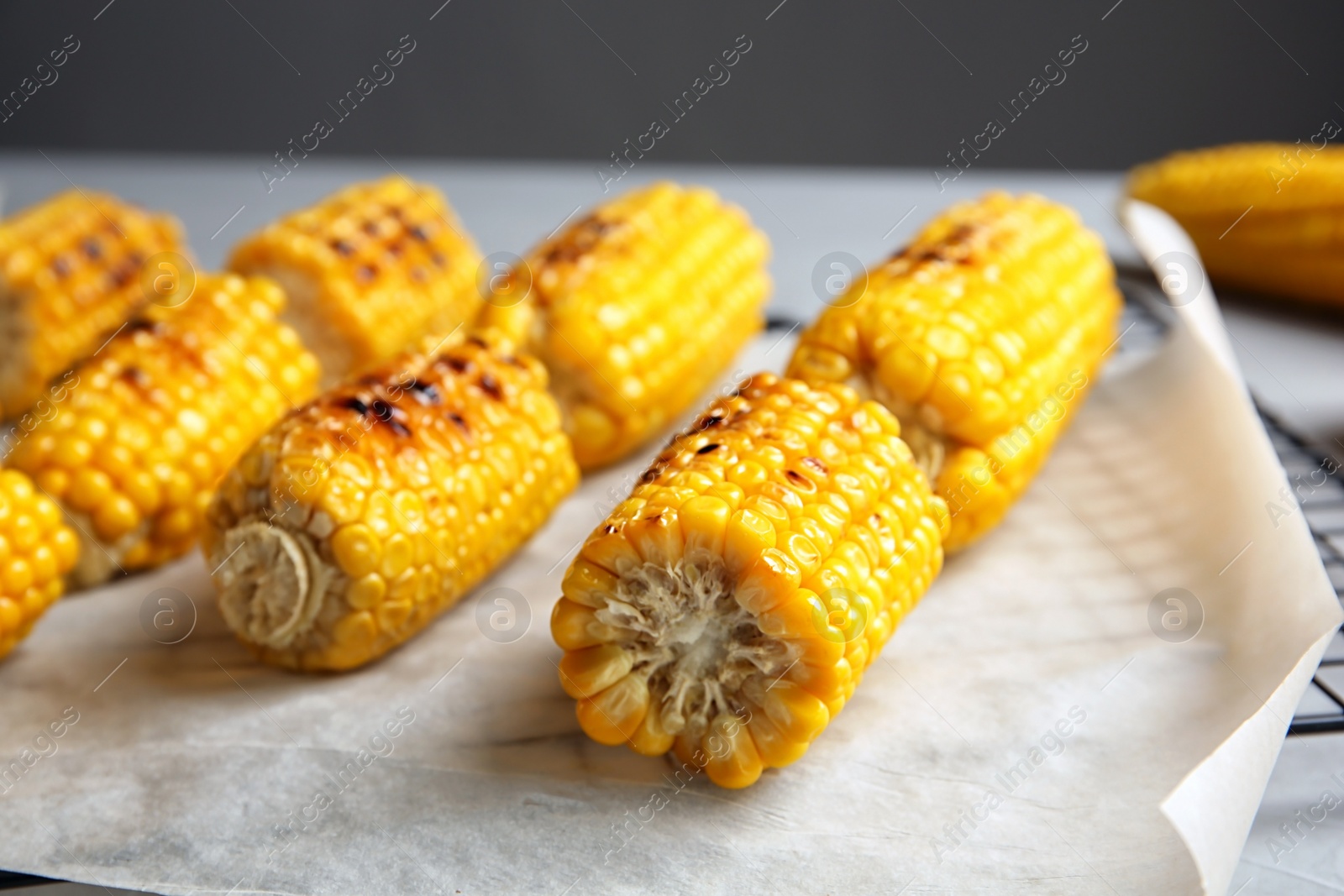 Photo of Cooling rack with grilled corn cobs on light table