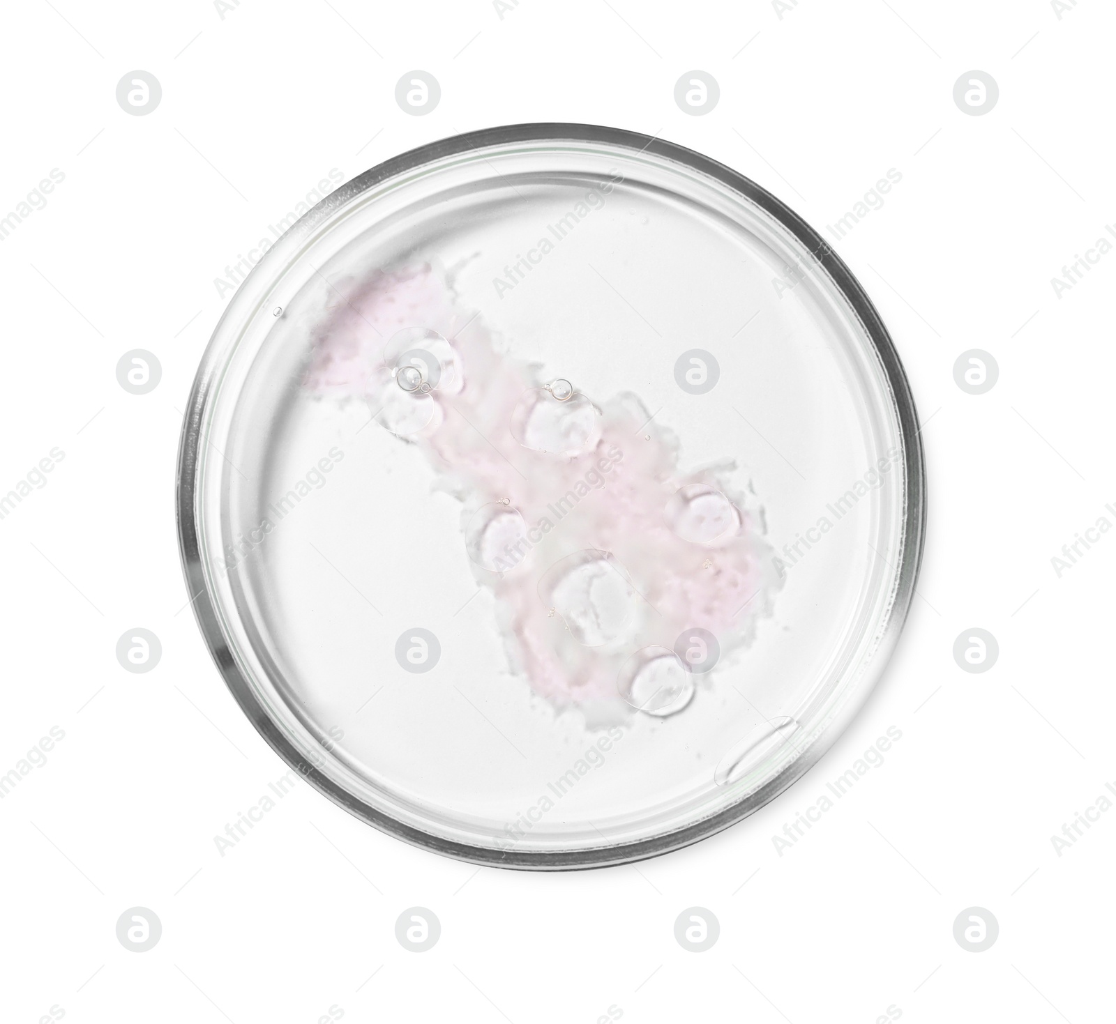 Photo of Petri dish with liquid on white background, top view