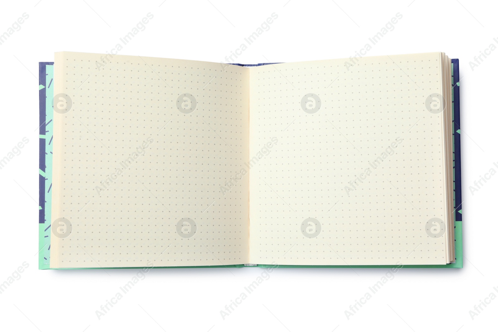 Photo of Stylish open notebook isolated on white, top view