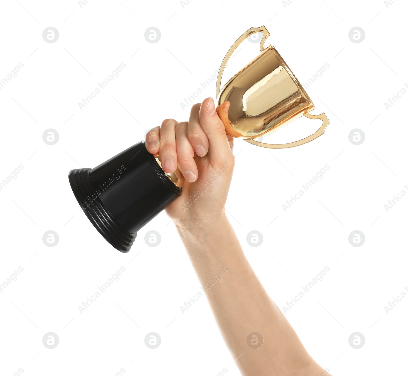 Photo of Young woman holding gold trophy cup on white background, closeup