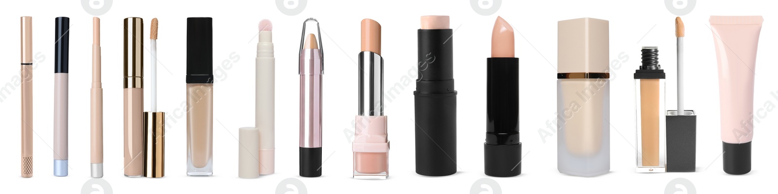 Image of Concealers, correctors and liquid foundations isolated on white. Collection of makeup products