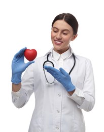 Photo of Doctor with stethoscope and red heart on white background. Cardiology concept