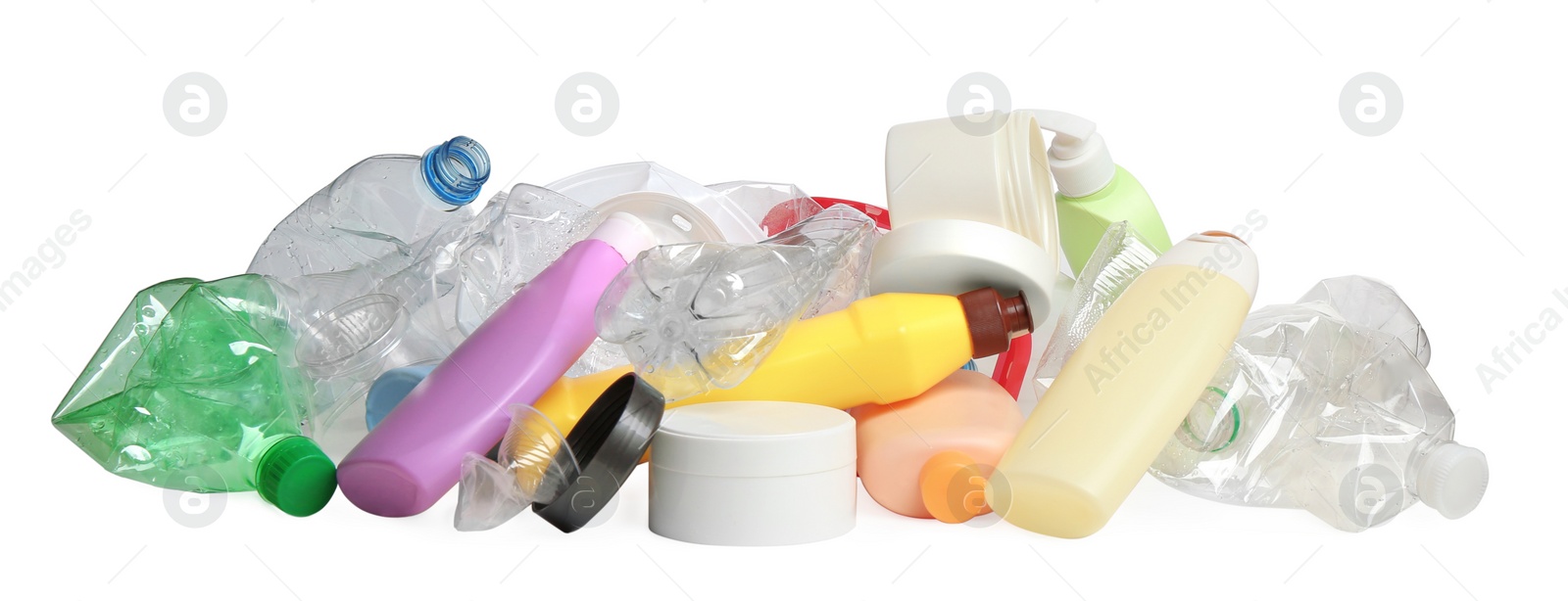 Photo of Pile of plastic garbage on white background