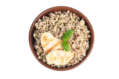 Tasty buckwheat porridge with meat isolated on white, top view